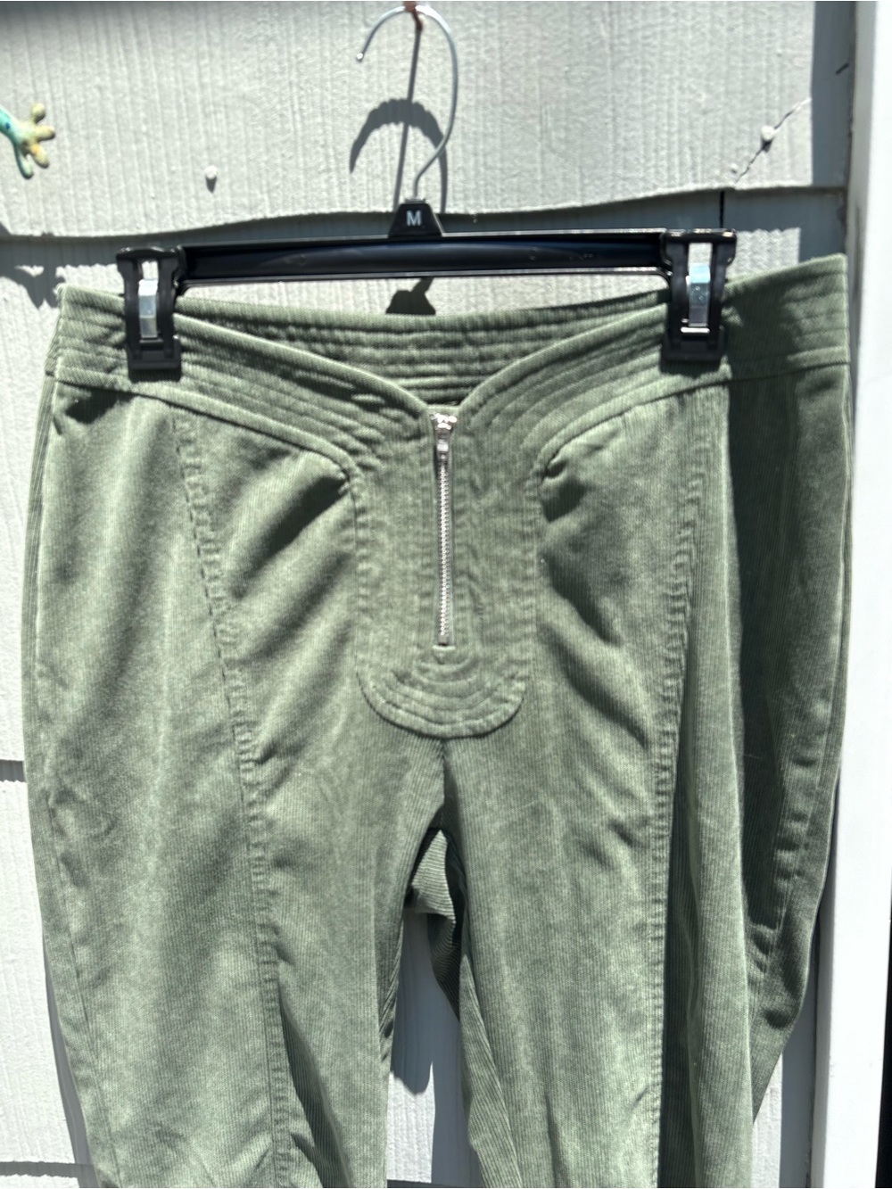 Olive Green Corduroy Low-Waist Pants with Front Zip